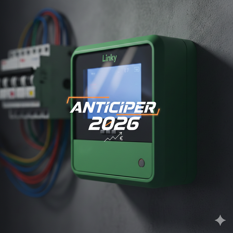 Gros plan sur un compteur Linky avec l'inscription Anticiper 2026 illustrant l'augmentation des tarifs EDF et la nécessité de l'autonomie énergétique.