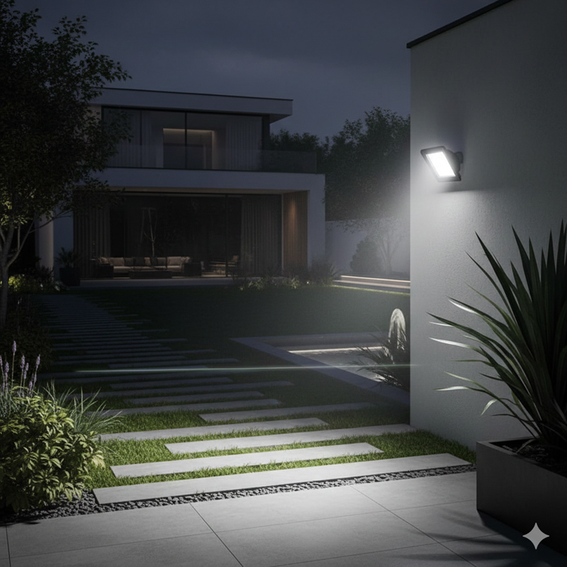 Jardin moderne sécurisé et illuminé de nuit par un projecteur solaire puissant offrant une lumière blanche intense pour une visibilité totale.
