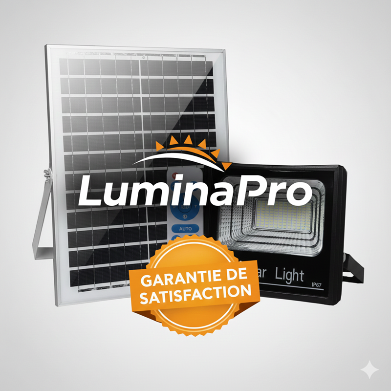 Logo officiel LuminaPro avec macaron de garantie de satisfaction, certifiant la qualité et la fiabilité du projecteur solaire 500W.