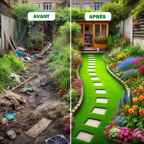 Guide Pratique du Jardinage : Tout ce qu’un Débutant Doit Savoir pour Bien Commencer jardin en friche transforme en un espace vert bien entretenu et fleuri